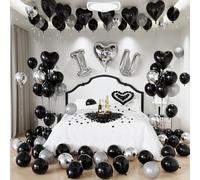 Adeyoo Black Valentines Decorations - Black and Silver Valentines Balloons with Love Heart Foil Balloons, Romantic Rose Petals for Romantic Valentines Day Anniversary Proposal Date Night Decorations
