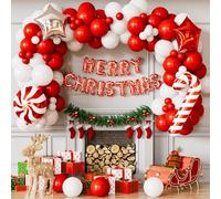 Adeyoo Christmas Balloons Arch Kit Garland - Red and White Balloons with Star Candy Cane Balloon, Merry Christmas Banner, Xmas Balloon for Xmas Party Decorations