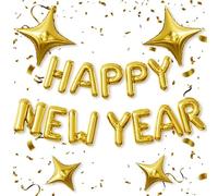 Adeyoo Happy New Year Balloons - 16 Inch Happy New Year Balloons Banner with Gold Star Big Letter Balloon Reusable Self Inflating Balloon for New Years Eve Party Decorations