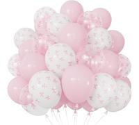 Adeyoo Pink Bow Balloons - 50 Pcs 12 Inch Pastel Pink White Clear Balloons with Bow Print, Shiny Coquette Party Balloon for Girls Women Princess Birthday Bridal Wedding Bachelorette Party Decorations