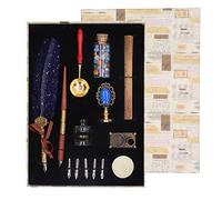 Adfaga Quill Pen Set Elegant Calligraphy Writing Kit with 5 Stainless Steel Replacement Nibs Vintage Design Brass Base Ink Bottle Letter Paper Wax Seal Gift for Writers Teachers (Navy Blue)