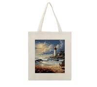 ADFGYERH Sea Lighthouse Sandbeach Tote Bag Open Top, Everyday Carry, Pockets Canvas Tote Bag- Gift for Women，Aesthetic Tote Bag，Reusable, Grocery Shopping Heavy Duty, Foldable, Washable