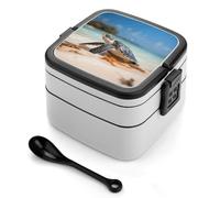ADFGYERH Sea Turtle on The Beach Lunch Box ，Double Layer ，Bento Box with Partition & Spoon,Portable，snack Box for Dining Out Work Travel Picnic，Suitable for Both Men And Women.