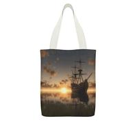 ADFGYERH Ship in The Lake Sunset Bag ，Internal Pocket Design Reusable/Tote Bags Zipper Design，Canvas Tote Bag for Travel, Fitness, And Weekend Getaways.