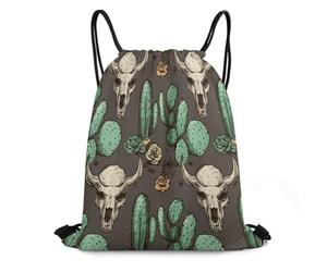 ADFGYERH Skull of Bull And Cute Cactus Bag ，Open Pull Cord Design，Drawstring Backpack Convenient And Portable，small Backpack Suitable for Everyday Life, Office Work, Travel And Other Scenarios.