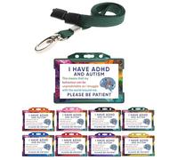 ADHD and Autism Disability Badge Fun Card by Quantum Leap with Green Holder and Green Lanyard Hidden Disability Lanyard