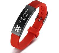 ADHD Anxiety Autism Medical Alert Awareness Silicone Bracelet for Adults Teens, Adjustable Personalised Meds Conditions Identification ID Bangle Diseases Diagnosed Alarm Jewellery for Emergency, Red