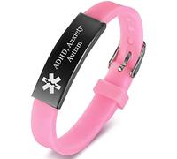 ADHD Anxiety Autism Medical Alert Awareness Silicone Bracelet for Adults Teens, Adjustable Personalised Meds Conditions Identification ID Bangle Diseases Diagnosed Alarm Jewellery for Emergency, Pink