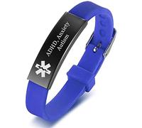 ADHD Anxiety Autism Medical Alert Awareness Silicone Bracelet for Adults Teens, Adjustable Personalised Meds Conditions Identification ID Bangle Diseases Diagnosed Alarm Jewellery for Emergency, Blue