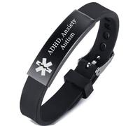 ADHD Anxiety Autism Medical Alert Awareness Silicone Bracelet for Adults Teens, Adjustable Personalised Meds Conditions Identification ID Bangle Diseases Diagnosed Alarm Jewellery for Emergency, Black