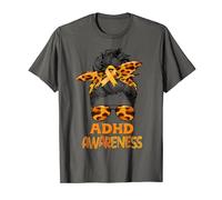 ADHD Awareness Messy Bun Orange Ribbon Leopard ADHD Month T-Shirt