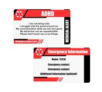 ADHD Medical Card, Emergency Contact Information Card, Red and Black, Double-Sided Medical Alert ID Card, Hidden Disability Card
