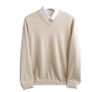 Adhdyuud Men Winter Merino Wool Sweater V-Neck Long Sleeve Thick Cashmere Knit Pullover Shirt Beige L