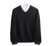 Adhdyuud Men Winter Merino Wool Sweater V-Neck Long Sleeve Thick Cashmere Knit Pullover Shirt Black L