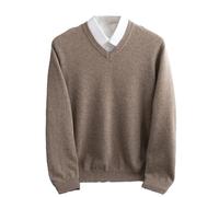 Adhdyuud Men Winter Merino Wool Sweater V-Neck Long Sleeve Thick Cashmere Knit Pullover Shirt Brown Gray L