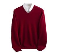 Adhdyuud Men Winter Merino Wool Sweater V-Neck Long Sleeve Thick Cashmere Knit Pullover Shirt Burgundy S