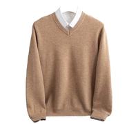 Adhdyuud Men Winter Merino Wool Sweater V-Neck Long Sleeve Thick Cashmere Knit Pullover Shirt Gold Brown Gray L