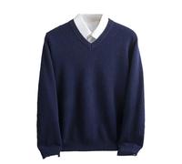 Adhdyuud Men Winter Merino Wool Sweater V-Neck Long Sleeve Thick Cashmere Knit Pullover Shirt Navy Blue L