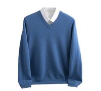 Adhdyuud Men Winter Merino Wool Sweater V-Neck Long Sleeve Thick Cashmere Knit Pullover Shirt Niuzai Blue L
