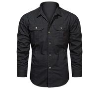 Adhdyuud Men's Casual Long Sleeve Button Down Shirt Flap Pockets Cotton Military Workwear Overshirt Black