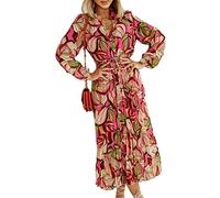 Adhdyuud Women Casual Pleated Beach Dress Elegant Bow Lace-Up Long Vestidos Vintage Patterned Party Dresses