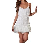 Adhdyuud Women Sequins Tassel Feather Spaghetti Strap Dress Sexy Stitching Evening Party Mini Dress White