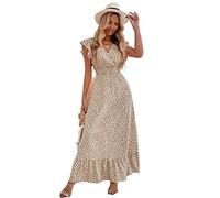 Adhdyuud Womens Summer Ruffle Dot Maxi Dress A Line V Neck Print Long Party Dresses Light Brown