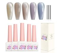 Adhere 5pcs 12ML Cat Eye Gel Nail Polish with Magnet, Smooth Wide Cat Eyes Delicate Moonlight White Ceramic Crystal Cat Eye Transparent Color Pink Brown Gel Polish Cat Eye