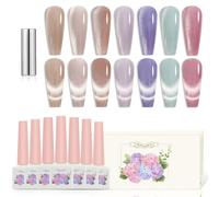 Adhere 7pcs 12ml Cat Eye Nail Polish Kit with Magnetic Stick - Beige Nude Purple Blue Rose Magnetic Cat Eye Gel Nail Polish Varnish for Manicure