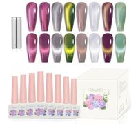 ADHERE 8pcs of 12ml Cat Eye Gel Polish Magnet Set - Purple Grey Green White Magnetic Gel Nail Varnish Glitter Shimmering Sparkle Nail Art with Magnetic Effects Cat Eye Nail Gel Polish