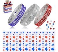 Adhesive-Backed Patriotic Ribbon Set with Star Stickers, Red White Blue Trim, 3 Rolls and 2 Sheets for Party Decor and Wrapping