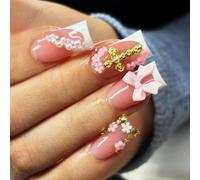 Adhesive Backed Press on Manicure Nails Set Acrylic French Tip Pieces in Nude, Short Square Profile, Pearl Butterfly Look for Daily Outfits Photo Ready Moments, 30 Count