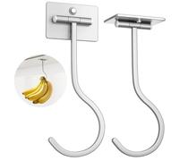 Adhesive Banana Hanger Under Cabinet: 2 Pack Sticky Banana Hooks Under Counter, Banana Holder for Hanging Kitchen Utensil, Foldable with Magnets When Not in Use, Keep Bananas Fresh, Hold 13 LB, Silver