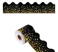 Adhesive Black Border Roll 18m x 7.5cm - Gold Dot Bulletin Board Trim for Classroom, Chalkboard, Locker Decor - Self-Adhesive Scalloped Edge, Reusable Strip