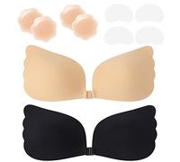 Adhesive Bra Push Up, Strapless Bra, Invisible Bra Backless, Reusable Bra Without Straps, Skin-Friendly Silicone Push Up Bra, Strapless, for Eel Backless Clothing, Beige and black, C