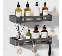Adhesive Shower Caddy,Rustproof Shower Shelve with Large Capacity,Quick-Dry Metal Bathroom Shelves with 8 Hooks, 2 Pack Drill-Free Durable Shower Organizers and Storage, Gray
