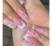 Adhesive-Tab False Fingernails with and Floral | ABS Artificial Fingertips with Lace-Inspired Line Art, Adhesive Tab Application, Decorative At-Home Manicure Look