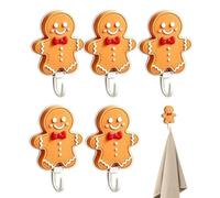 Adhesive Wall Hooks 5 Pieces Cute Funny Christmas No Drill Holder | No Damage Christmas Ornament Hooks for Home Bedroom Living Room Bathroom Shower Entryway Dorm Coat Key Bag gingerbread man