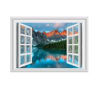 Adhesive Wall Mural of 3D Fake Window View Lake and Mountain Scenery Wall Sticker Decal for Home Decor of Bathroom Living Room Bedroom - Lake River Mountain