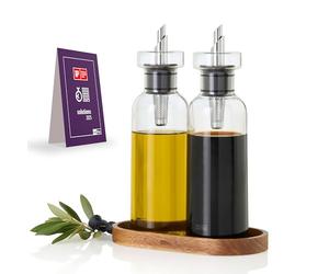 AdHoc BE81 AromaPour Glass Oil Dispenser or Vinegar Dispenser Set Elegant Olive Oil Bottle with Stainless Steel Spout Ideal for Pumpkin Seed Oil or Vinegar Airtight, 300 ml with Saucer