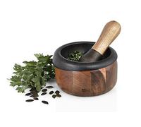 AdHoc Crush Pestle & Mortar Set, 13cm, Durable Cast Iron/Acacia Wood, Spice Grinder/Herb Grinder