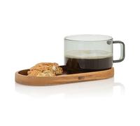 AdHoc Impact Coffee Cup with Acacia Wood Coaster, 300ml, Mug for Tea, Latte, Cappuccino with Handle, Heat Resistant Borosilicate Glass, Wide Coaster Space for Buiscuits