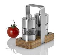 AdHoc Menage Mini Salt and Pepper Mill Set with Mill Tray, Adjustable Coarseness, Ceramic Grinding Mechanism, 6cm, Stainless Steel/Acrylic/Acacia Wood, Ideal for Picnics