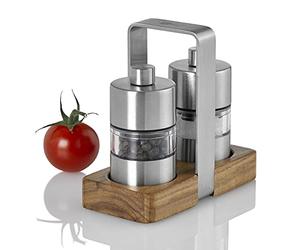 AdHoc Menage Mini Salt and Pepper Mill Set with Mill Tray, Adjustable Coarseness, Ceramic Grinding Mechanism, 6cm, Stainless Steel/Acrylic/Acacia Wood, Ideal for Picnics