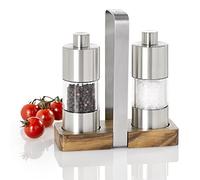 AdHoc Menage Salt and Pepper Mill Set with Mill Tray, Adjustable Coarseness, Ceramic Grinding Mechanism, 13cm, Stainless Steel/Acrylic/Acacia Wood
