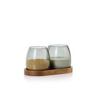 AdHoc Yuna Milk and Sugar Bowl Set with Acacia Wood Tray, Sugar and Creamer Jugs Made of Borosilicate Glass Hand-Blown Unique Pieces, 230ml Milk, 80g Sugar Container, Serving Set, MZ02