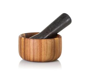 AdHoc Taru Pestle and Mortar Set, 11cm, Acacia Wood/Granite, Herb and Spice Grinder Anti-Bacterial Surface