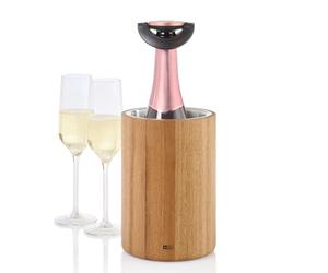 AdHoc Vine Wine and Champagne Cooler, Iceless Wine Chiller, Cooler Bucket, Stainless Steel/Acacia Wood, H 19.5cm D 13.5cm