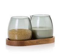 AdHoc Yuna Milk and Sugar Bowl Set with Acacia Wood Tray, Sugar and Creamer Jugs Made of Borosilicate Glass Hand-Blown Unique Pieces, 230ml Milk, 80g Sugar Container, Serving Set, MZ02