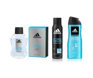 Adidas Ice Dive 3pc Set 400ml Shower Gel 100ml Aftershave 150ml Body Spray